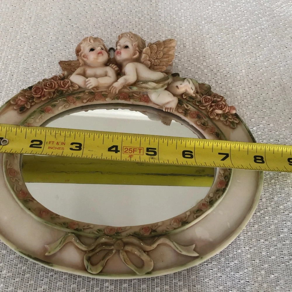 Angel-Themed Wall Mirror with Floral Accents